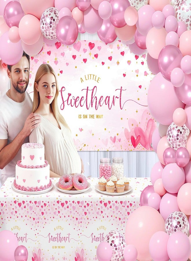 ميهوفوند زينة حفل استقبال مولود جديد بمناسبة عيد الحب من MEHOFOND، طقم قوس بالونات لحفل استقبال مولود جديد مكتوب عليه "حبيبة في الطريق"، زينة حفل استقبال مولود جديد بمناسبة عيد الحب مع خلفية ومفرش طاولة للبنات - Image 4